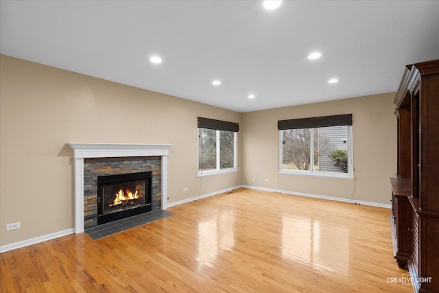 2539 Lexington Ln, Naperville, IL 60540 - unfurnished living room featuring light wood-style flooring, a fireplace, baseboards, and recessed lighting