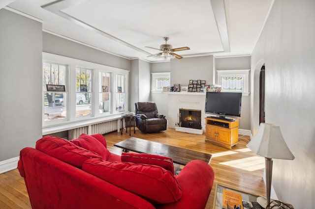 212 S Austin Blvd, Oak Park, IL 60304 - living room with a fireplace, a ceiling fan, arched walkways, radiator heating unit, and wood finished floors