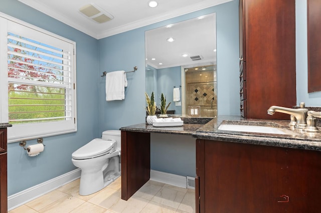 43 Kings Cross Dr, Lincolnshire, IL 60069 - bathroom featuring double vanity, tiled shower, baseboards, toilet, and ornamental molding