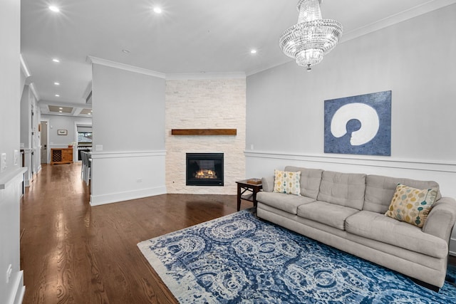6336 S Kimbark Ave, Chicago, IL 60637 - living room with wood finished floors, recessed lighting, a fireplace, a chandelier, and crown molding