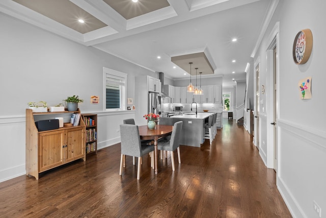 6336 S Kimbark Ave, Chicago, IL 60637 - dining room featuring dark wood finished floors, ornamental molding, recessed lighting, and beam ceiling