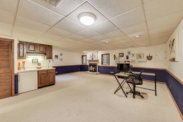 1226 Beau Dr, Park Ridge, IL 60068 - carpeted home office featuring a paneled ceiling, a large fireplace, and recessed lighting