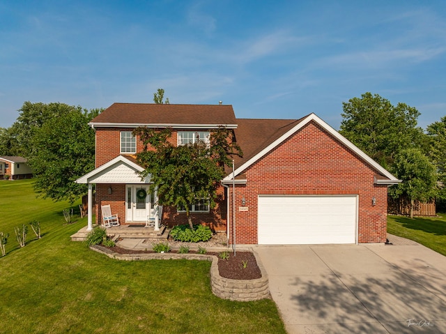 24147 S Sunset Dr, Channahon, IL 60410 - view of front of property featuring driveway, brick siding, a garage, a porch, and a front yard