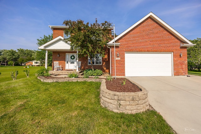 24147 S Sunset Dr, Channahon, IL 60410 - view of front of house featuring concrete driveway, a front lawn, brick siding, a porch, and an attached garage
