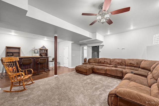 24147 S Sunset Dr, Channahon, IL 60410 - living area featuring a dry bar, wood finished floors, a ceiling fan, and recessed lighting
