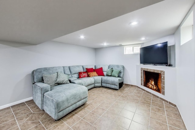 1564 Webster Ln, Des Plaines, IL 60018 - living area with recessed lighting, light tile patterned flooring, a warm lit fireplace, and baseboards