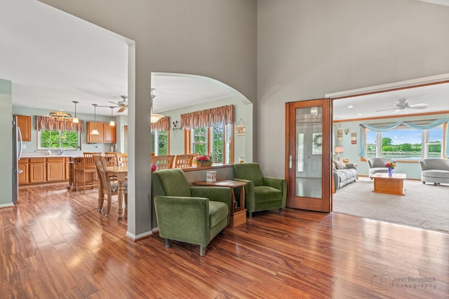 7 Farmington Ct, Lake In The Hills, IL 60156 - living area featuring a ceiling fan, wood finished floors, healthy amount of natural light, and a towering ceiling