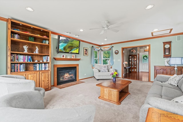 7 Farmington Ct, Lake In The Hills, IL 60156 - living area featuring carpet flooring, crown molding, recessed lighting, ceiling fan, and baseboards