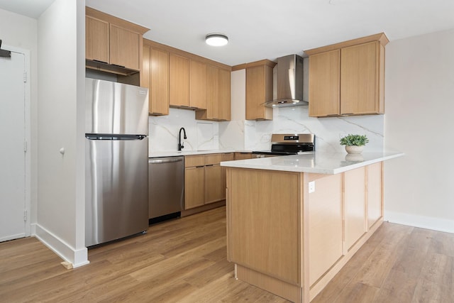 33 E Cedar St Unit 6B, Chicago, IL 60611 - kitchen with stainless steel appliances, wall chimney exhaust hood, a peninsula, light wood-style flooring, and backsplash