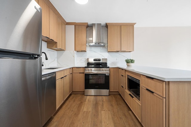 33 E Cedar St Unit 6B, Chicago, IL 60611 - kitchen with stainless steel appliances, wall chimney range hood, a peninsula, light wood-type flooring, and a sink