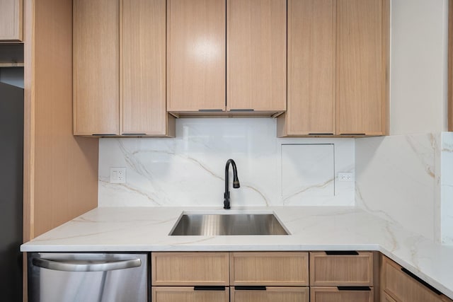 33 E Cedar St Unit 6B, Chicago, IL 60611 - kitchen with dishwasher, a sink, tasteful backsplash, light brown cabinetry, and light stone counters