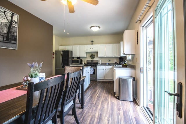 1024 Lakestone Ln, Aurora, IL 60504 - kitchen featuring stainless steel appliances, dark wood finished floors, white cabinets, ceiling fan, and under cabinet range hood