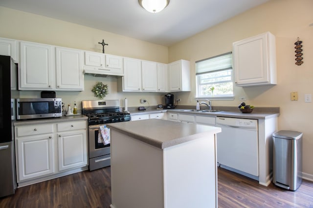 1024 Lakestone Ln, Aurora, IL 60504 - kitchen featuring appliances with stainless steel finishes, a sink, white cabinets, dark wood-style floors, and under cabinet range hood