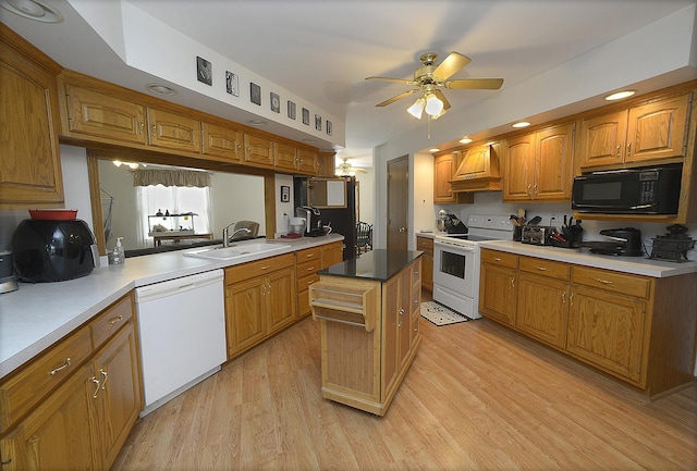2098 N 15th Rd, Streator, IL 61364 - kitchen featuring white appliances, a sink, a ceiling fan, and light wood-style flooring