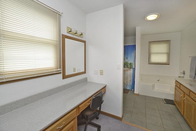 2098 N 15th Rd, Streator, IL 61364 - bathroom with vanity, a tub, curtained shower, and tile patterned flooring