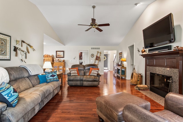 2910 Greystone Pl, Champaign, IL 61822 - living area featuring wood finished floors, ceiling fan, high vaulted ceiling, and a fireplace with flush hearth