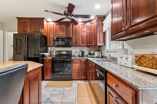 2910 Greystone Pl, Champaign, IL 61822 - kitchen featuring black appliances, a ceiling fan, light stone counters, and recessed lighting