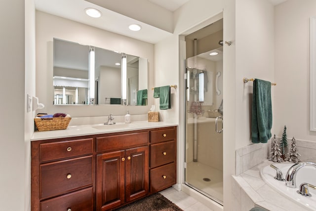2910 Greystone Pl, Champaign, IL 61822 - full bath featuring vanity, a stall shower, a bath, tile patterned floors, and recessed lighting