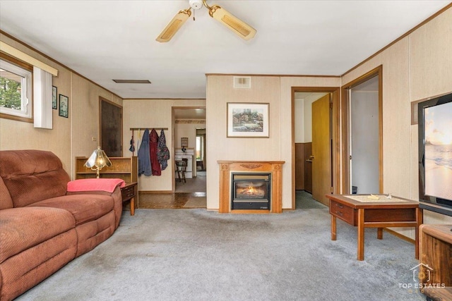 3604 Owl Dr, Rolling Meadows, IL 60008 - carpeted living area with ceiling fan and a glass covered fireplace