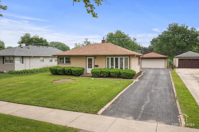 3604 Owl Dr, Rolling Meadows, IL 60008 - single story home featuring a garage, a front yard, an outbuilding, and a chimney