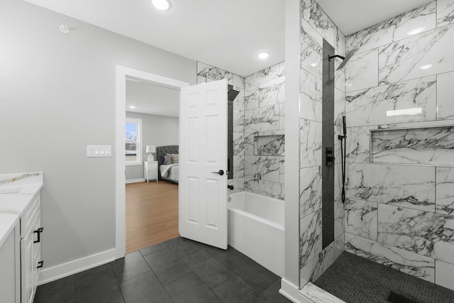 4113 Eberly Ave, Brookfield, IL 60513 - ensuite bathroom with vanity, recessed lighting, shower / bath combination, tile patterned flooring, and baseboards