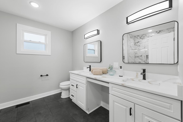 4113 Eberly Ave, Brookfield, IL 60513 - full bathroom featuring double vanity, baseboards, toilet, a marble finish shower, and recessed lighting