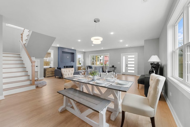 4113 Eberly Ave, Brookfield, IL 60513 - dining area featuring stairs, light wood-type flooring, healthy amount of natural light, baseboards, and recessed lighting