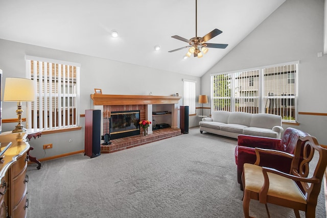 2802 Forestview Dr, Carpentersville, IL 60110 - carpeted living room featuring a ceiling fan, a brick fireplace, baseboards, and high vaulted ceiling