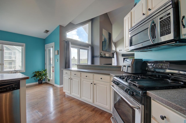 14121 Norwich Ln Unit 301, Orland Park, IL 60467 - kitchen featuring stainless steel appliances, lofted ceiling, healthy amount of natural light, white cabinets, and a peninsula