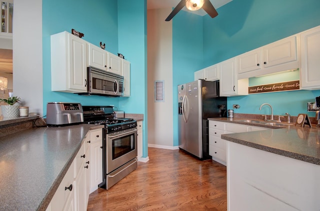 14121 Norwich Ln Unit 301, Orland Park, IL 60467 - kitchen with appliances with stainless steel finishes, a sink, dark countertops, a high ceiling, and a ceiling fan