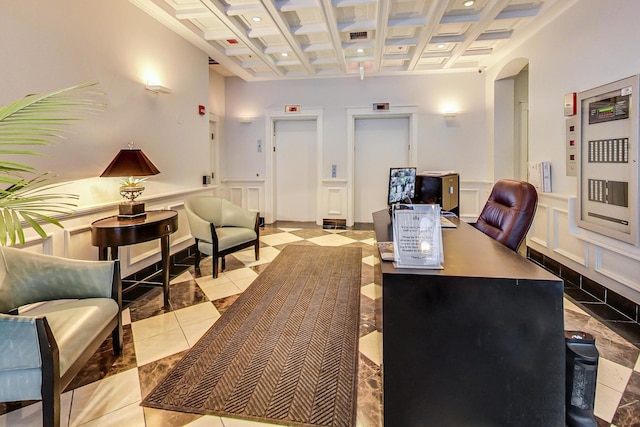 888 S Michigan Ave Unit 601, Chicago, IL 60605 - office area featuring arched walkways, coffered ceiling, beamed ceiling, a decorative wall, and tile patterned floors