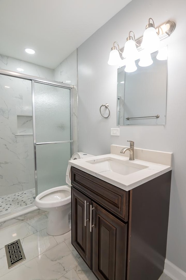 620 Ashland St, Hoffman Estates, IL 60169 - full bath with vanity, a marble finish shower, toilet, marble look tiles, and recessed lighting