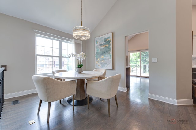 1296 Ashley Ct, Vernon Hills, IL 60061 - dining space featuring a chandelier, lofted ceiling, and dark wood-style floors