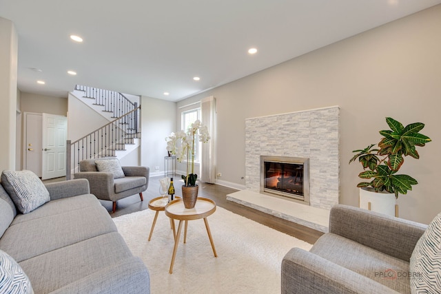 1296 Ashley Ct, Vernon Hills, IL 60061 - living room with wood finished floors, recessed lighting, stairway, and a fireplace