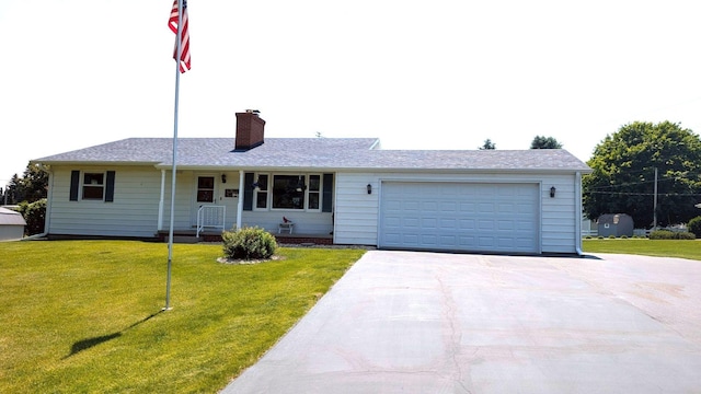 321 Cartwright Ln, Oregon, IL 61061 - ranch-style house with concrete driveway, a garage, a front lawn, a chimney, and a porch