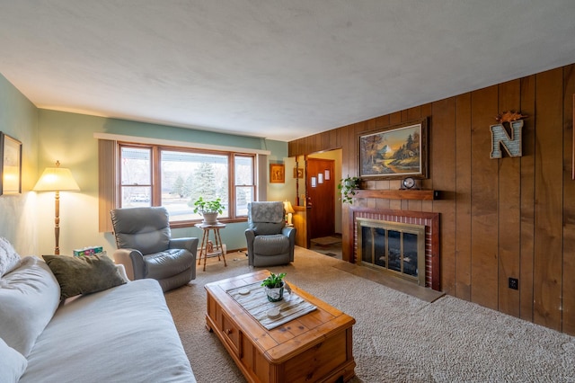 321 Cartwright Ln, Oregon, IL 61061 - living area with carpet, a brick fireplace, and wood walls