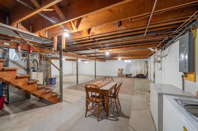321 Cartwright Ln, Oregon, IL 61061 - basement featuring washing machine and clothes dryer, electric panel, and stairs