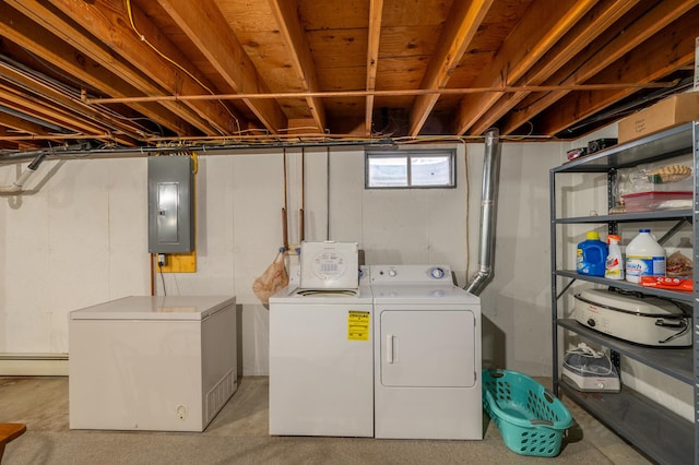 321 Cartwright Ln, Oregon, IL 61061 - washroom featuring separate washer and dryer, electric panel, and a baseboard heating unit