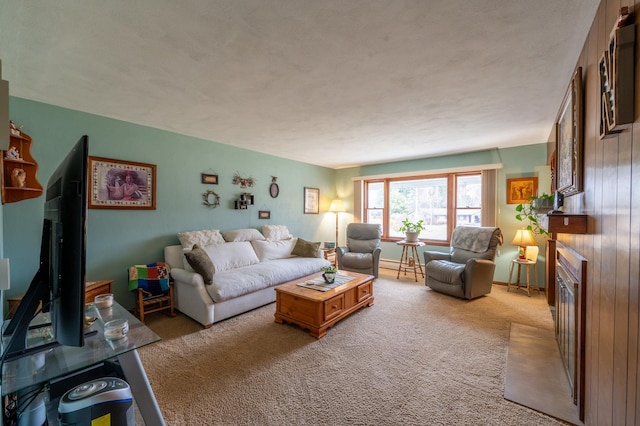 321 Cartwright Ln, Oregon, IL 61061 - carpeted living area with a fireplace and a textured ceiling