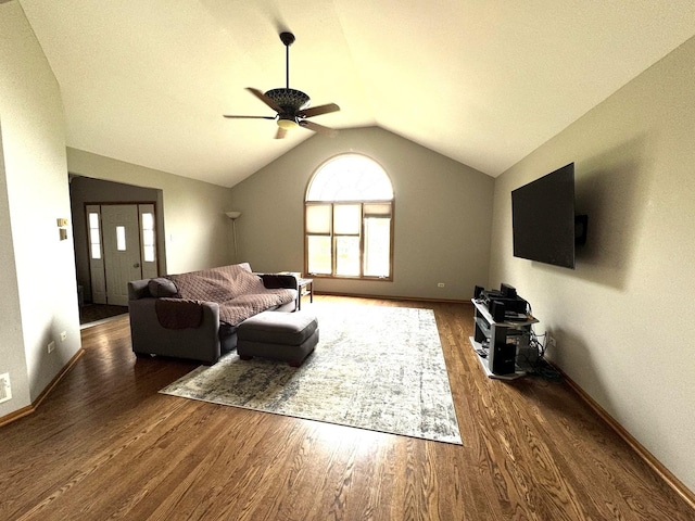1012 Crestview Dr, Lemont, IL 60439 - living room featuring a ceiling fan, wood finished floors, healthy amount of natural light, and vaulted ceiling
