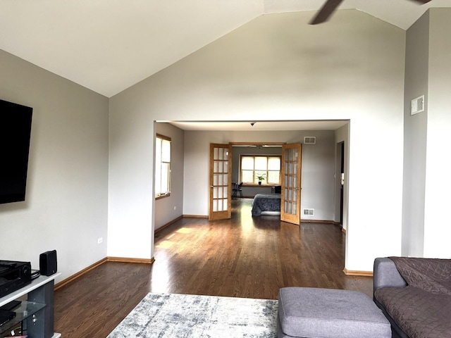 1012 Crestview Dr, Lemont, IL 60439 - living area with a ceiling fan, vaulted ceiling, dark wood-type flooring, and french doors
