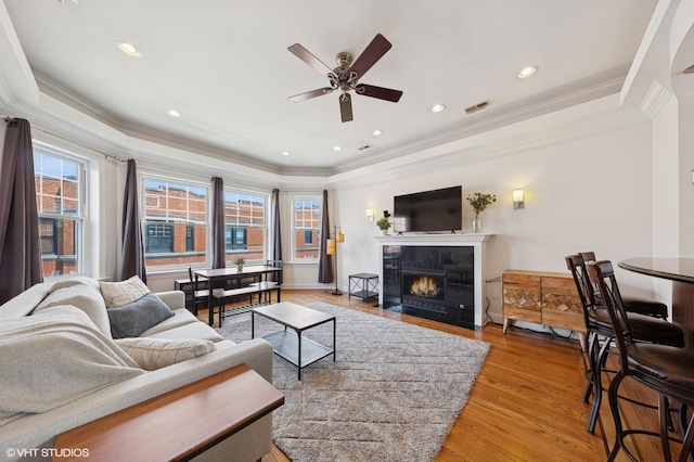 1114 W Pratt Blvd Unit 3S, Chicago, IL 60626 - living area featuring ornamental molding, a tray ceiling, ceiling fan, light wood-type flooring, and a fireplace