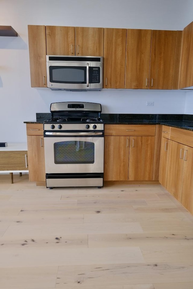 235 W Van Buren St Unit 4206, Chicago, IL 60607 - kitchen with stainless steel appliances, light wood-style floors, dark stone countertops, and brown cabinetry