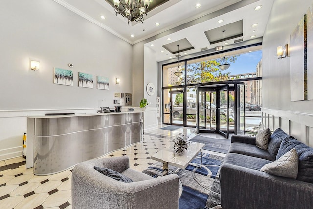 1464 S Michigan Ave Unit 1404, Chicago, IL 60605 - reception featuring a high ceiling, recessed lighting, a chandelier, ornamental molding, and french doors