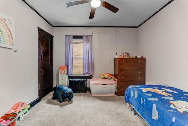 6142 S Richmond St, Chicago, IL 60629 - bedroom with radiator, carpet flooring, ornamental molding, and a ceiling fan