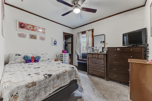 6142 S Richmond St, Chicago, IL 60629 - bedroom featuring carpet flooring, radiator heating unit, crown molding, and a ceiling fan
