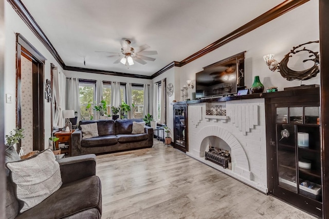 6142 S Richmond St, Chicago, IL 60629 - living room featuring crown molding, a ceiling fan, wood finished floors, and a fireplace