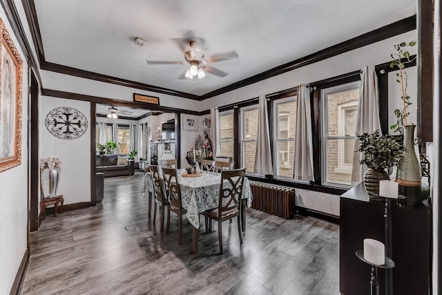 6142 S Richmond St, Chicago, IL 60629 - dining room with a ceiling fan, radiator heating unit, crown molding, wood finished floors, and baseboards