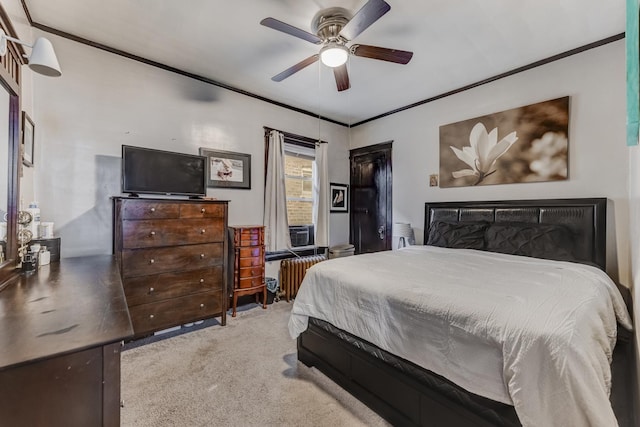 6142 S Richmond St, Chicago, IL 60629 - carpeted bedroom with radiator heating unit, crown molding, and a ceiling fan