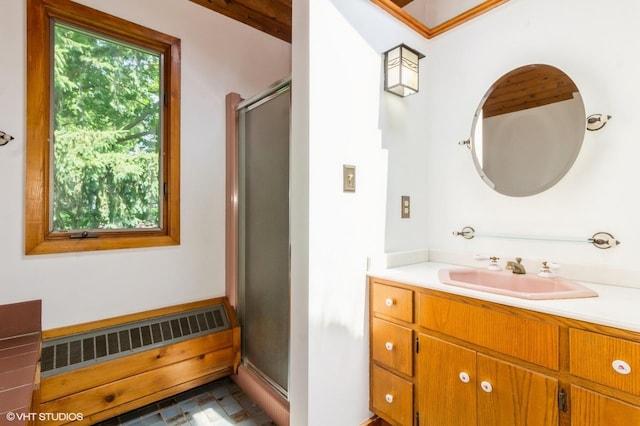 100 E Miller Ave, Hinckley, IL 60520 - bathroom featuring a shower stall, vanity, and radiator